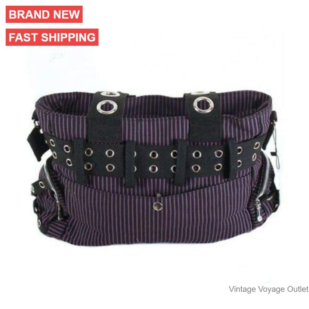 Striped Canvas Shoulder Bag with Handcuff Charm, Adjustable Straps, 17x11 - Picture 2 of 2
